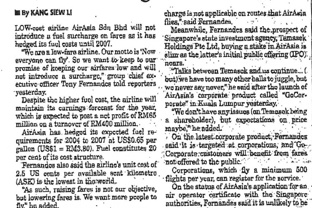2. airasia; No plan to impose fuel surcharge on fares