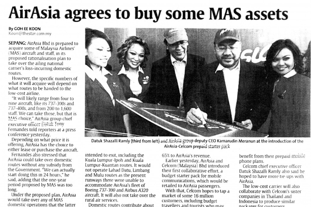 airasia agrees to buy some MAS assets