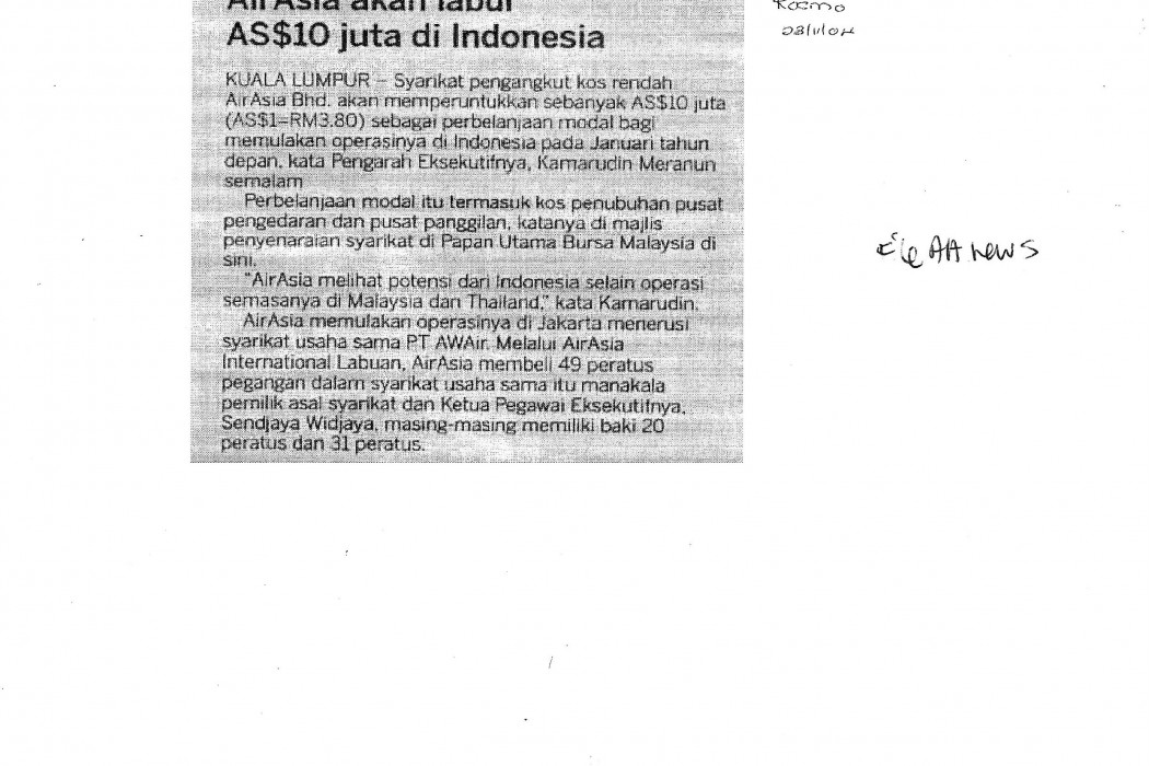 airasia akan labur AS$10 juta di Indonesia