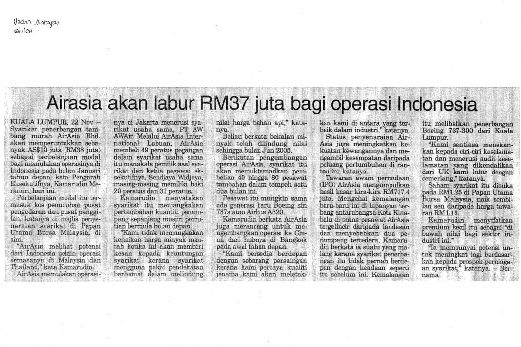airasia akan labur RM37 juta bagi operasi Indonesia