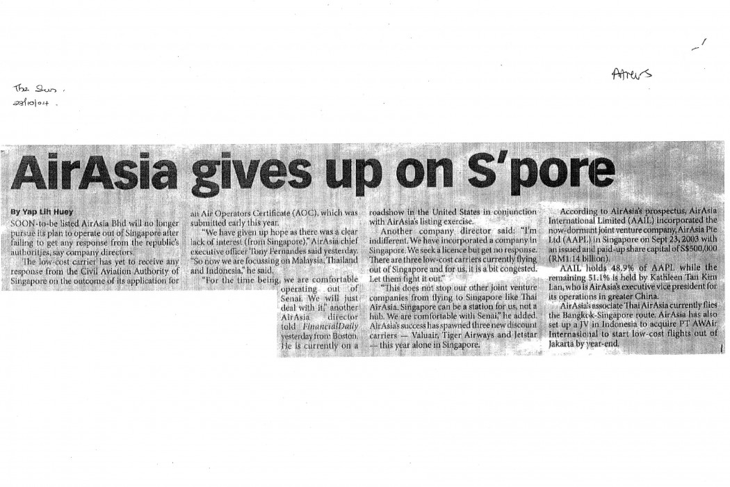 airasia gives up on S'pore