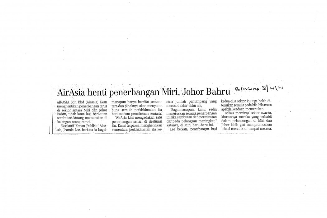 airasia henti penerbangan Miri, Johor Bahru