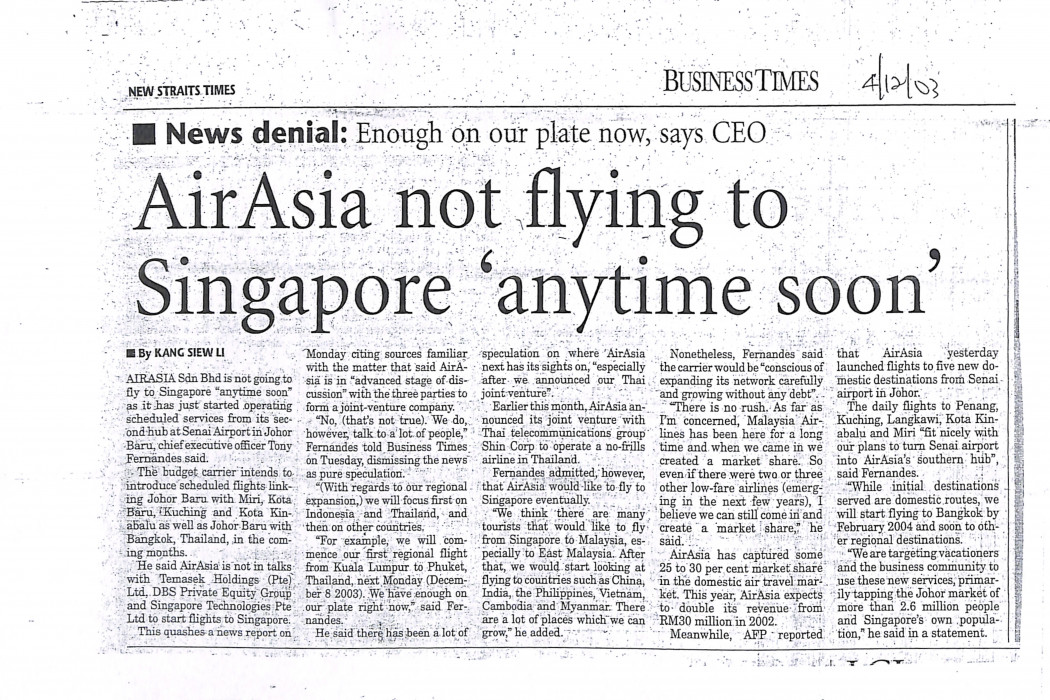 airasia not flying to Singapore 'anytime soon'