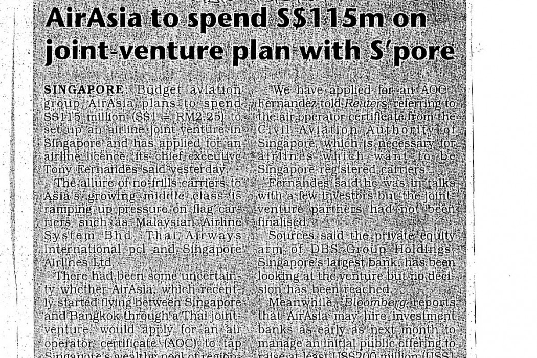 airasia plans S$115mil airline joint venture in Singapore