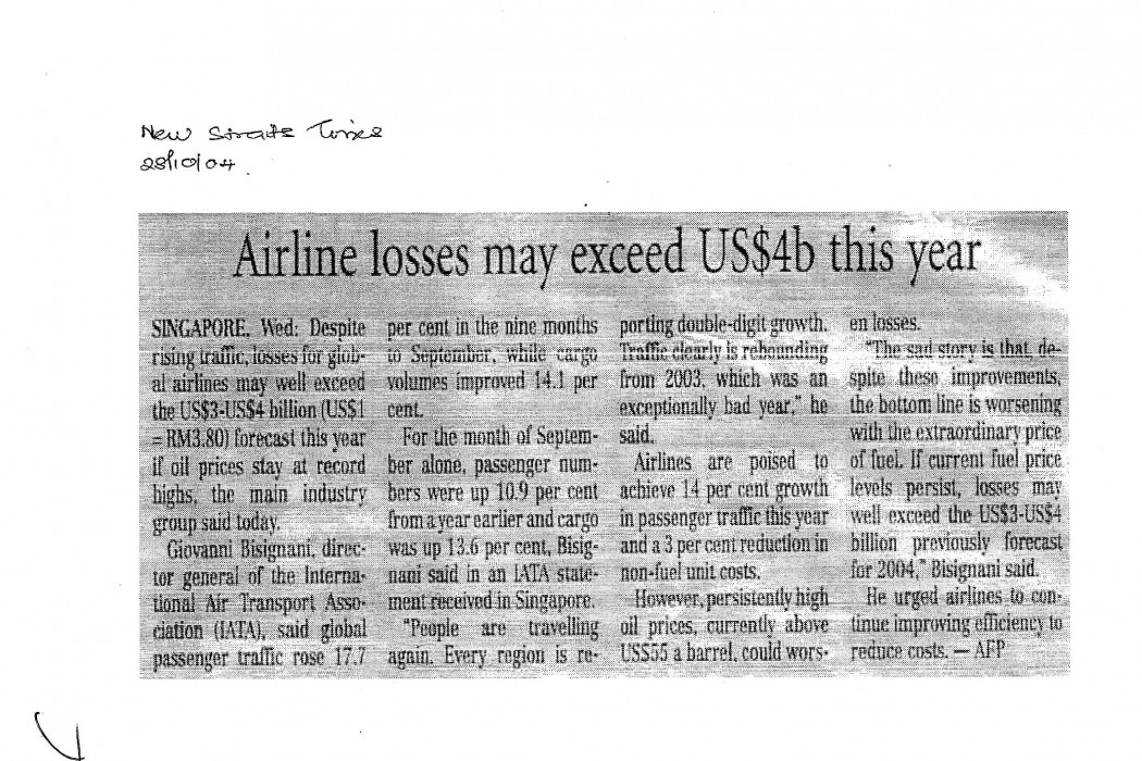 Airline losses may exceed US$4b this year
