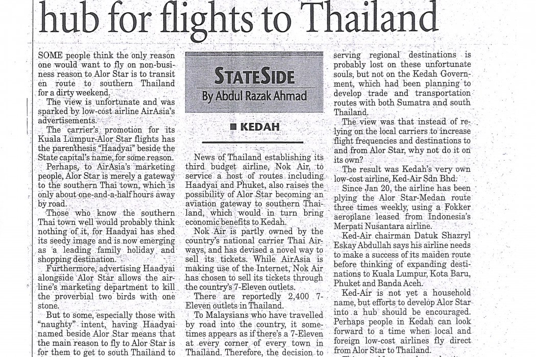 Alor Star can be aviation hub for flights to Thailand
