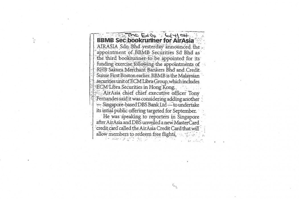 BBMB Sec bookrunner for airasia