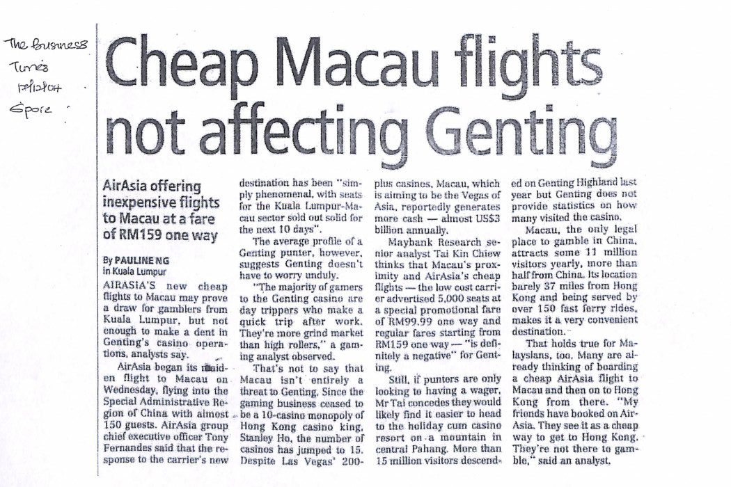 Cheap Macau flights not affecting Genting