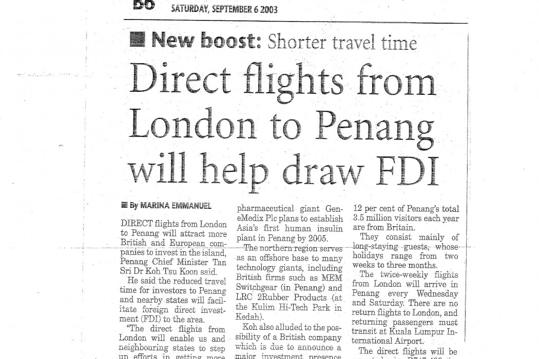 Direct flights from London to Penang will help draw FDI