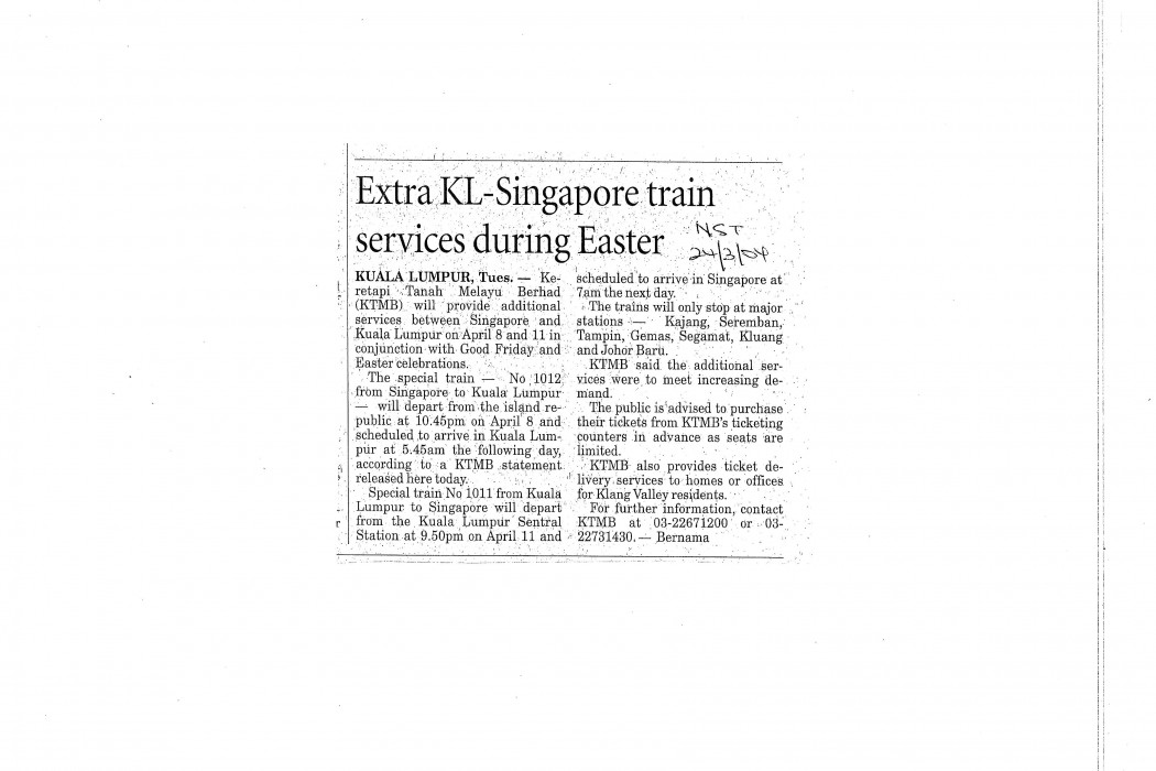 Extra KL-Singapore train services during Easter