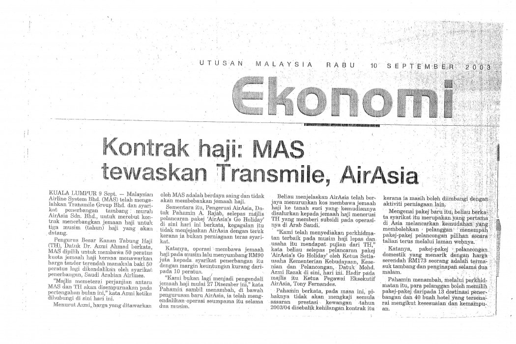 Kontrak haji; MAS tewaskan Transmile, airasia