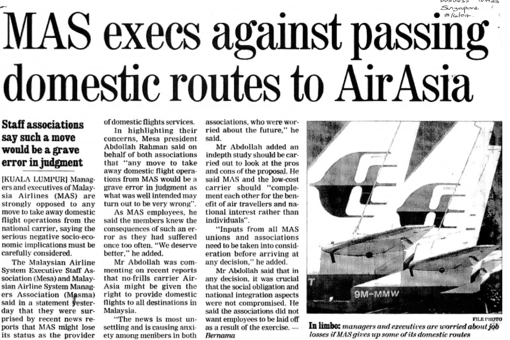 MAS execs against passing domestic routes to airasia