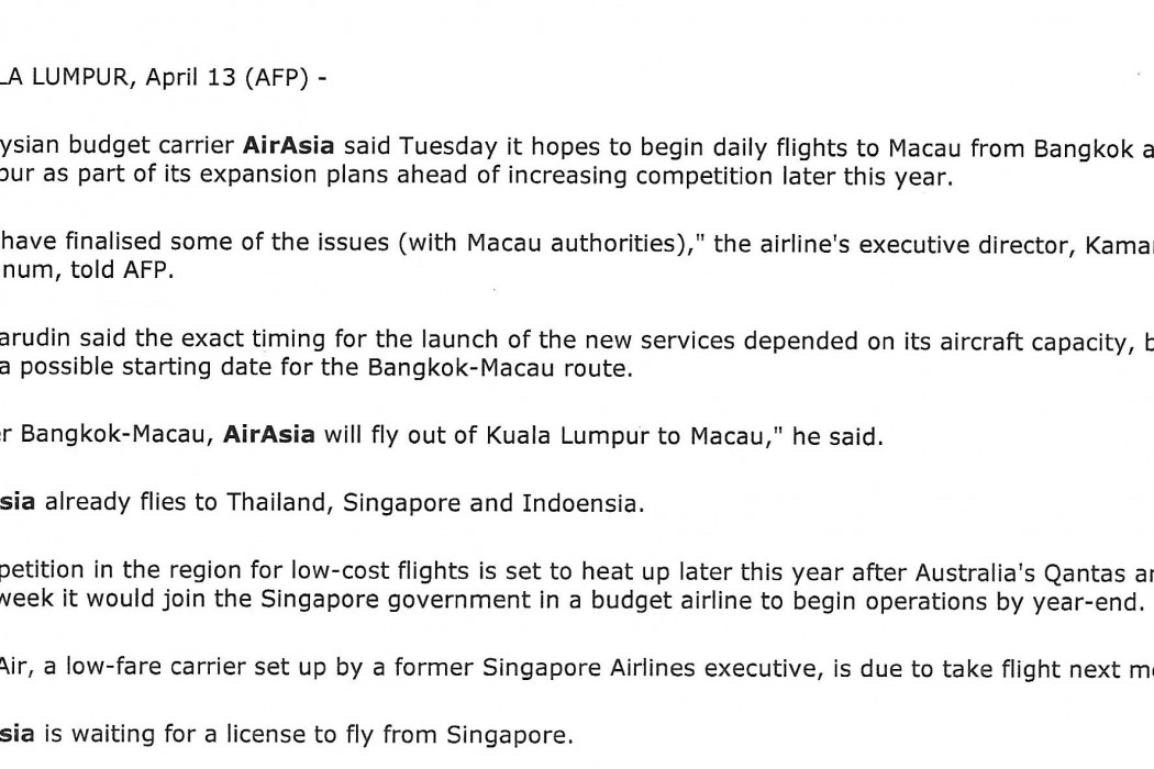 Malaysia's airasia hopes to launch Macau flights (2)