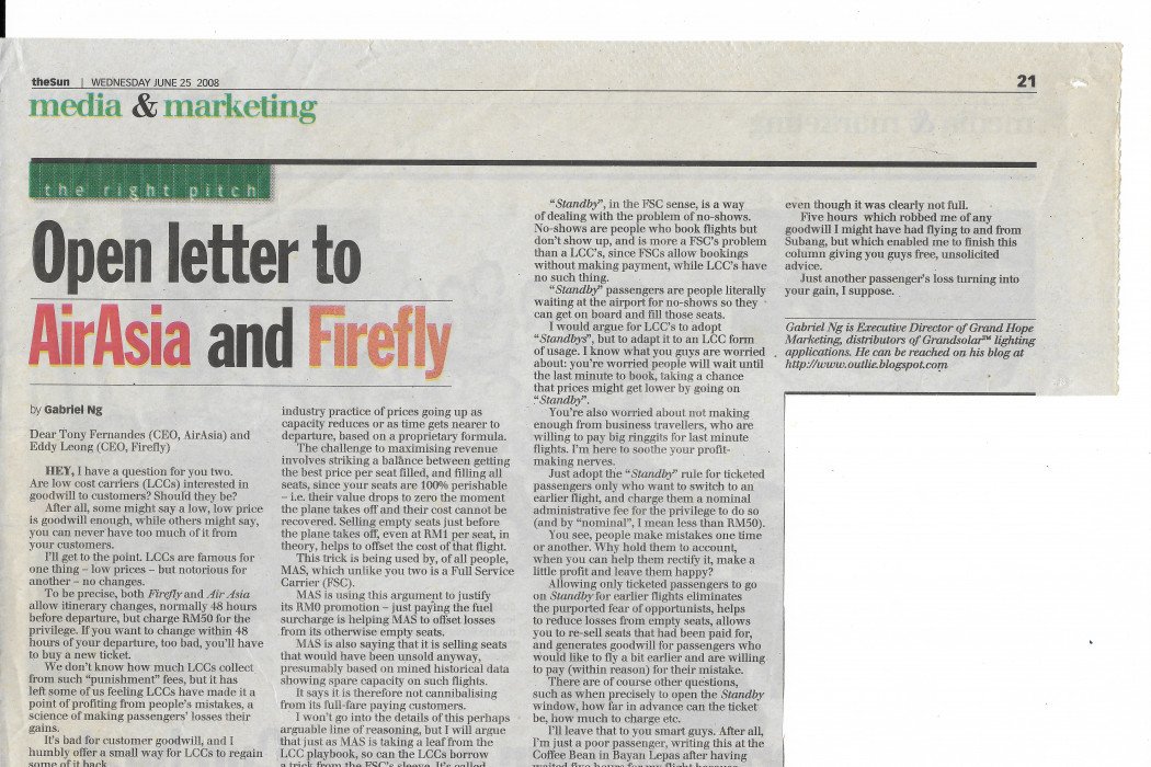 Open letter to airasia and firefly