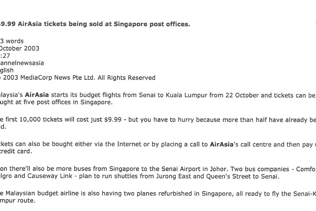 S$9.99 airasia tickets being sold at Singapore post offices