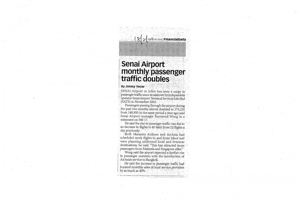 Senai Airport monthly passenger traffic doubles