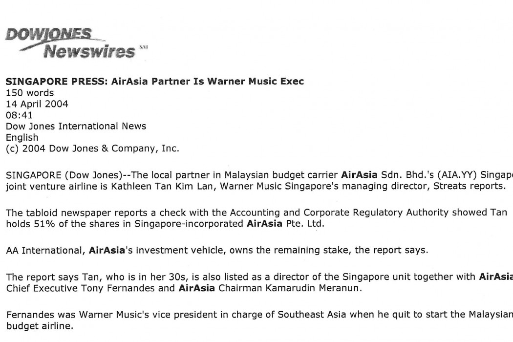 Singapore Press; airasia partner is Warner Music exec