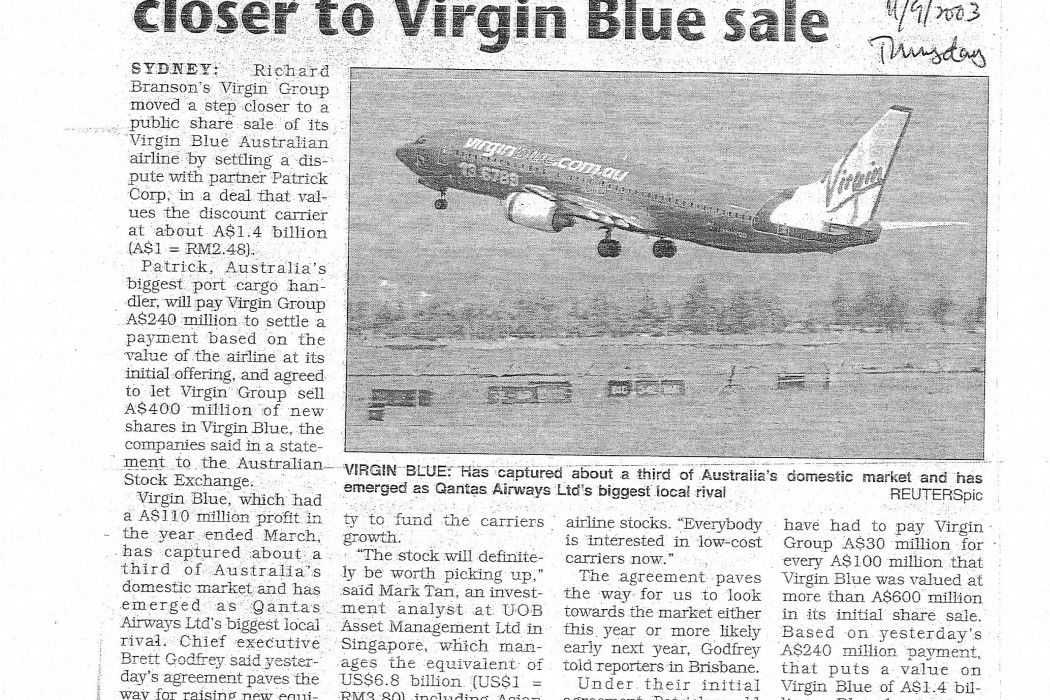 Virgin Group moves a step closer to Virgin Blue sale