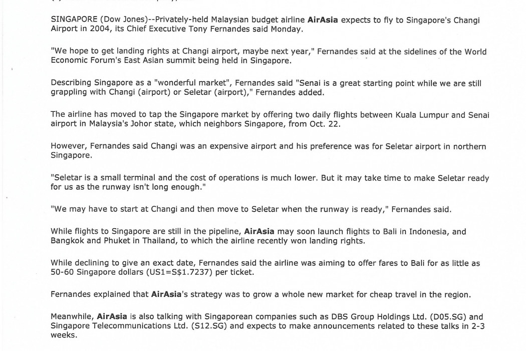 WEF Malaysia airasia expects to fly to Singapore in 2004 (2)